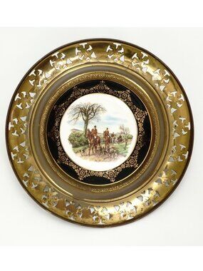 Vintage Regency Wall Plate Equestrian Huntsman Scene Brass Border England